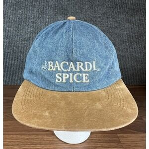 Vintage Bacardi Spice Rum Hat Cap Adjustable Denim Tan Suede Embroidered